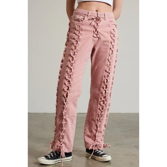 Woman Small The RAGGED Priest Pink Lace Up All Over Jeans Gothic Punk Grunge Emo - Picture 1 of 10